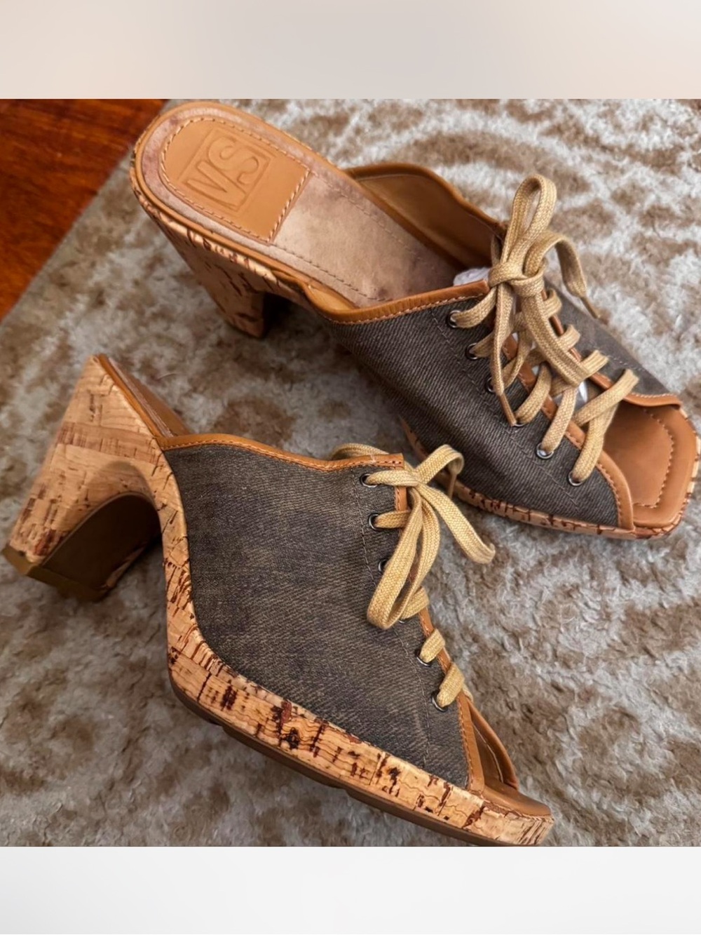 Y2k denim mules lace up Victoria secret genuine leather trim block heel sandals